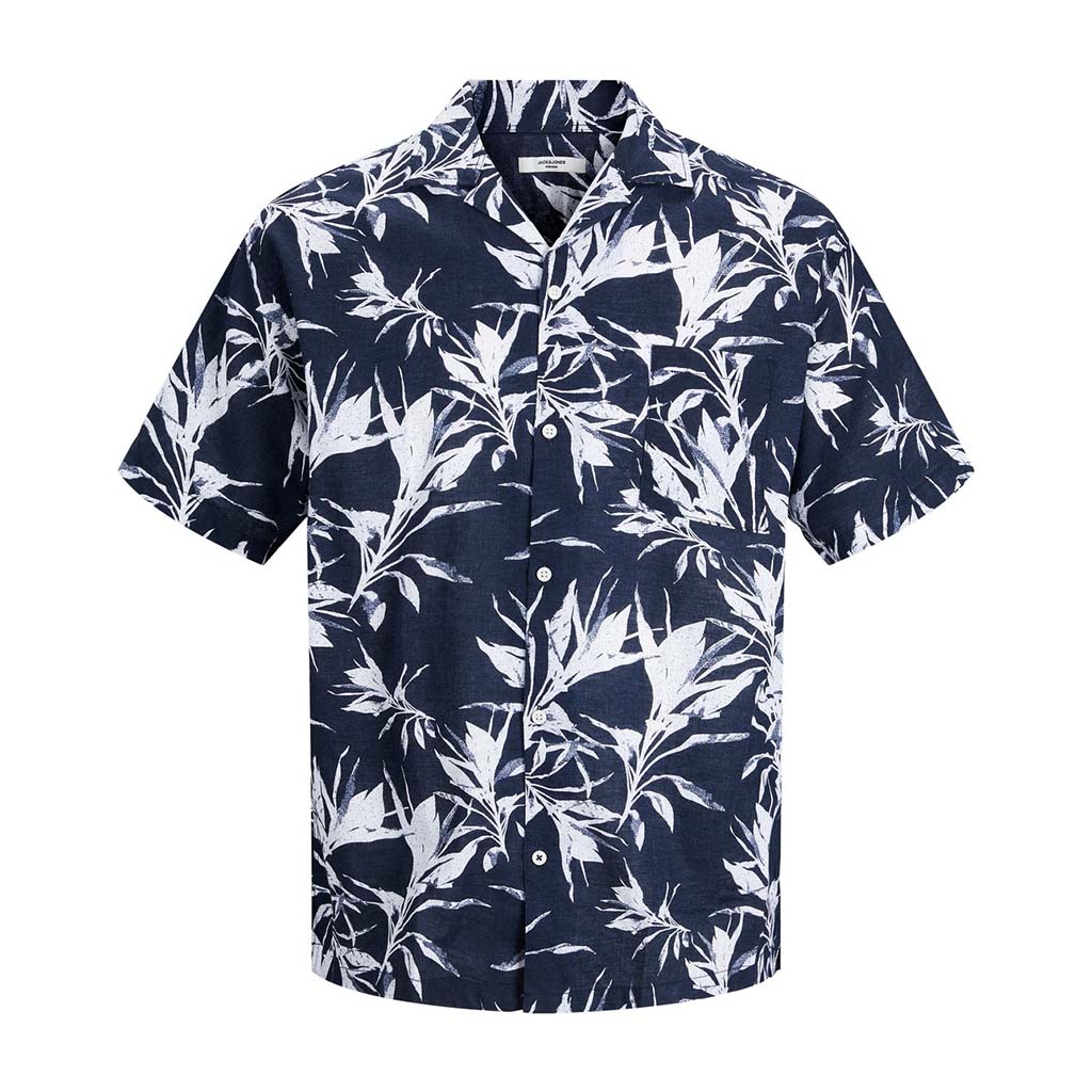 Men’s Linen Short Sleeve Shirt Regular LEAF RESORT JACK & JONES 12201918 Navy